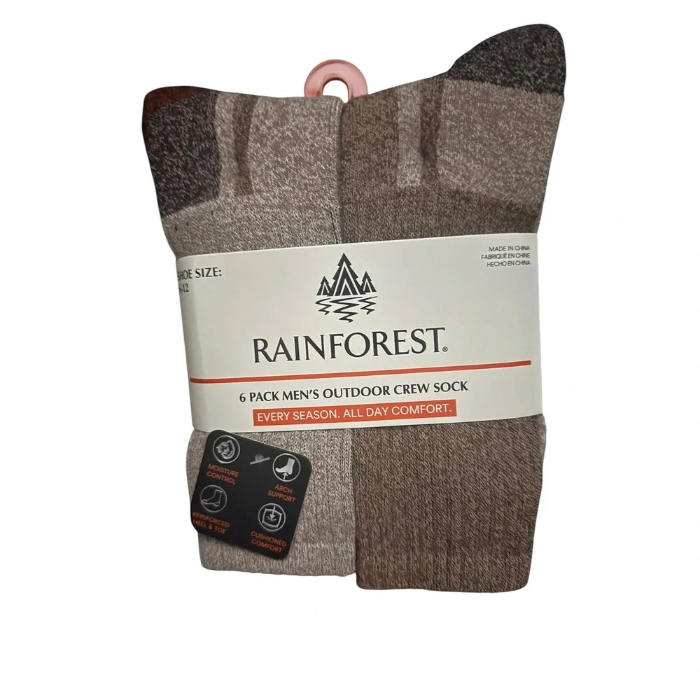 Rainforest 6 Pack Mens Outdoor Crew Socks Tan Brown Marled Arch Support 6-12 NEW - Picture 1 of 2